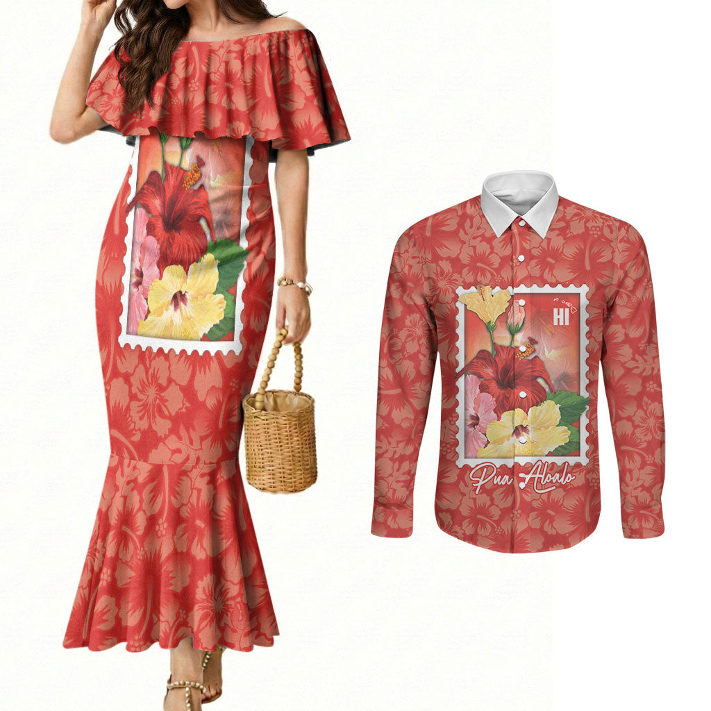 Aloha Hawaii Pua Aloalo Couples Matching Mermaid Dress and Long Sleeve Button Shirt Hawaiian Hibiscus Flowers Stylized Stamp