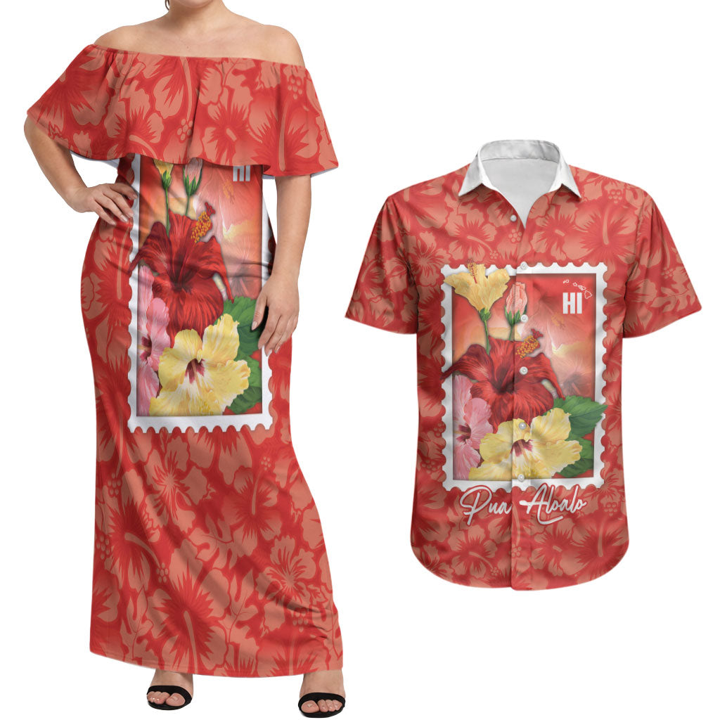 Aloha Hawaii Pua Aloalo Couples Matching Off Shoulder Maxi Dress and Hawaiian Shirt Hawaiian Hibiscus Flowers Stylized Stamp LT14 Red - Polynesian Pride