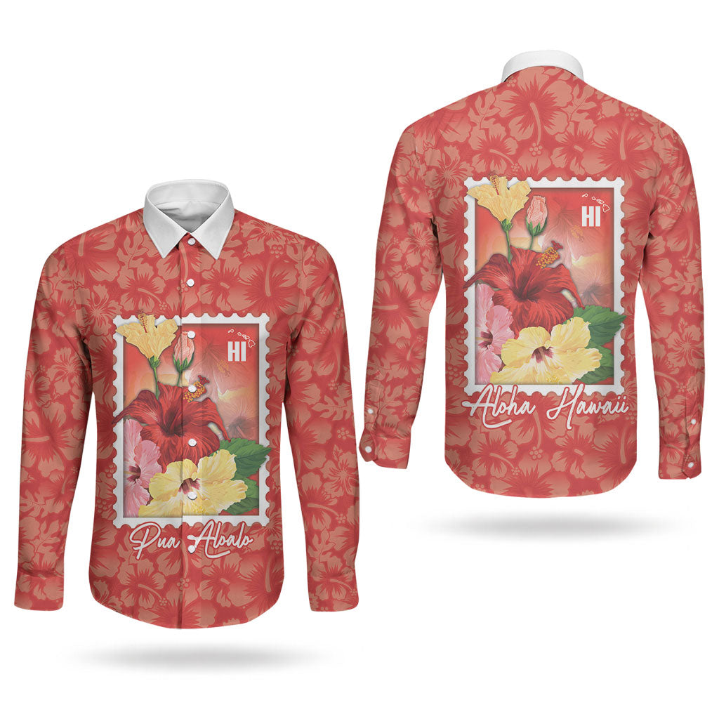 Aloha Hawaii Pua Aloalo Couples Matching Off Shoulder Maxi Dress and Long Sleeve Button Shirt Hawaiian Hibiscus Flowers Stylized Stamp LT14 - Polynesian Pride