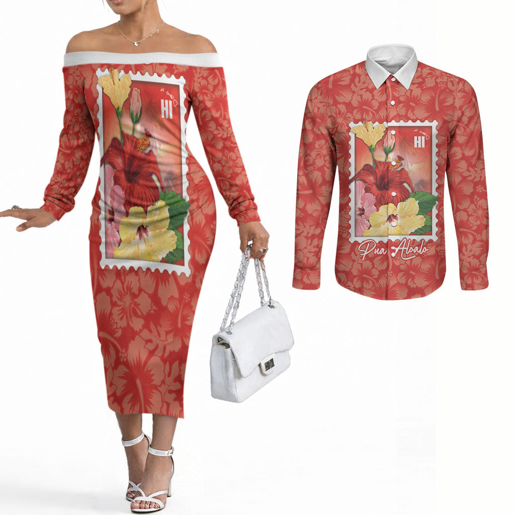 Aloha Hawaii Pua Aloalo Couples Matching Off The Shoulder Long Sleeve Dress and Long Sleeve Button Shirt Hawaiian Hibiscus Flowers Stylized Stamp LT14 Red - Polynesian Pride