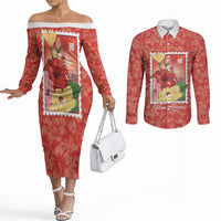 Aloha Hawaii Pua Aloalo Couples Matching Off The Shoulder Long Sleeve Dress and Long Sleeve Button Shirt Hawaiian Hibiscus Flowers Stylized Stamp LT14 Red - Polynesian Pride