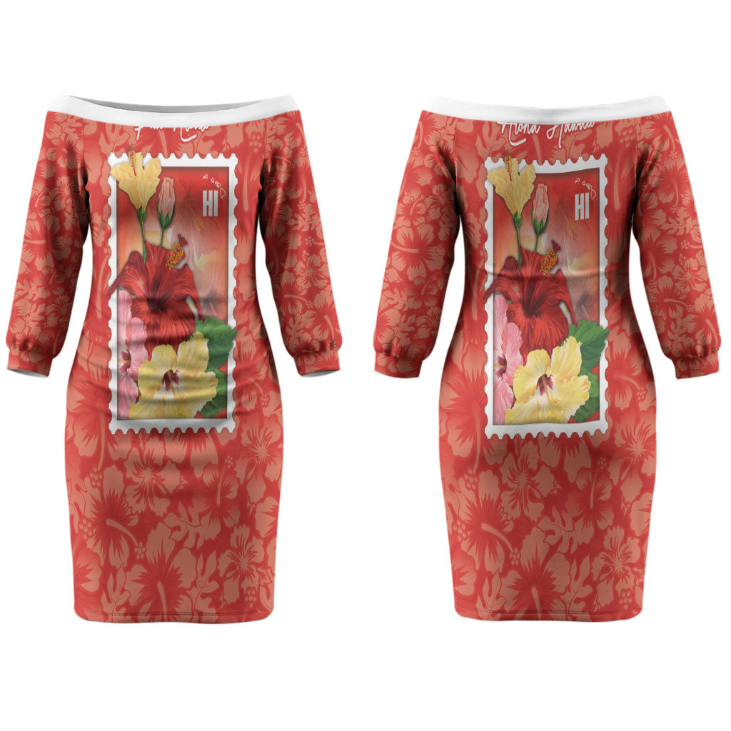 Aloha Hawaii Pua Aloalo Couples Matching Off The Shoulder Long Sleeve Dress and Long Sleeve Button Shirt Hawaiian Hibiscus Flowers Stylized Stamp LT14 - Polynesian Pride