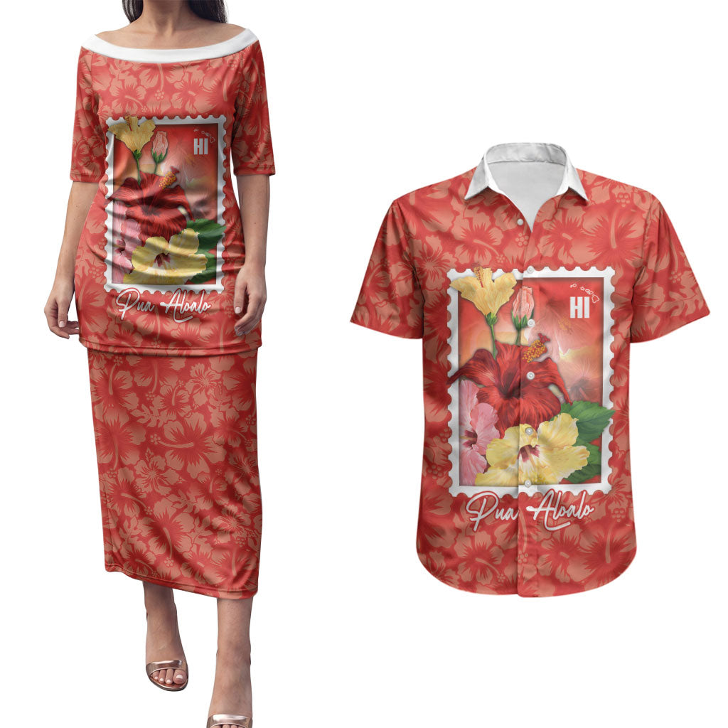 Aloha Hawaii Pua Aloalo Couples Matching Puletasi and Hawaiian Shirt Hawaiian Hibiscus Flowers Stylized Stamp LT14 Red - Polynesian Pride