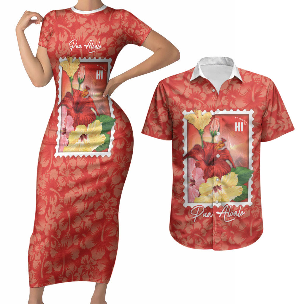 Aloha Hawaii Pua Aloalo Couples Matching Short Sleeve Bodycon Dress and Hawaiian Shirt Hawaiian Hibiscus Flowers Stylized Stamp LT14 Red - Polynesian Pride