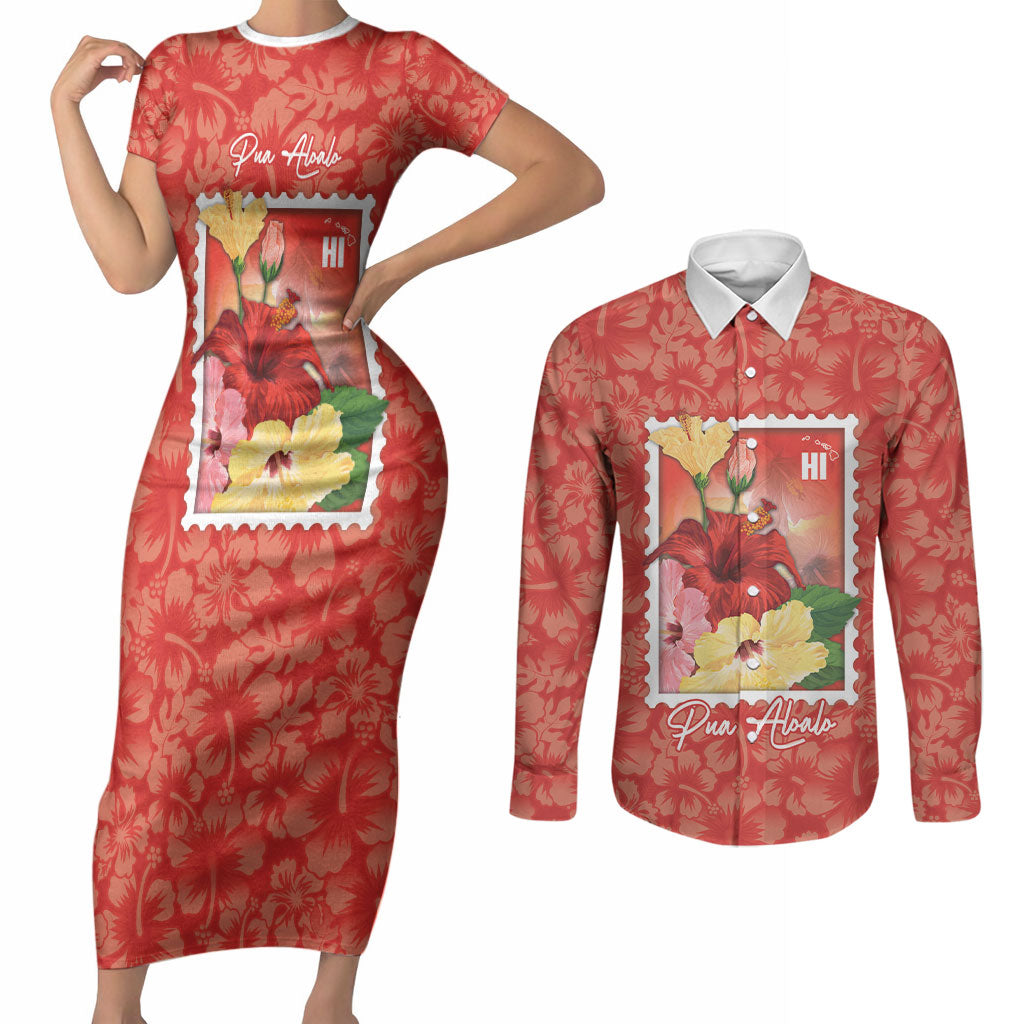 Aloha Hawaii Pua Aloalo Couples Matching Short Sleeve Bodycon Dress and Long Sleeve Button Shirt Hawaiian Hibiscus Flowers Stylized Stamp LT14 Red - Polynesian Pride