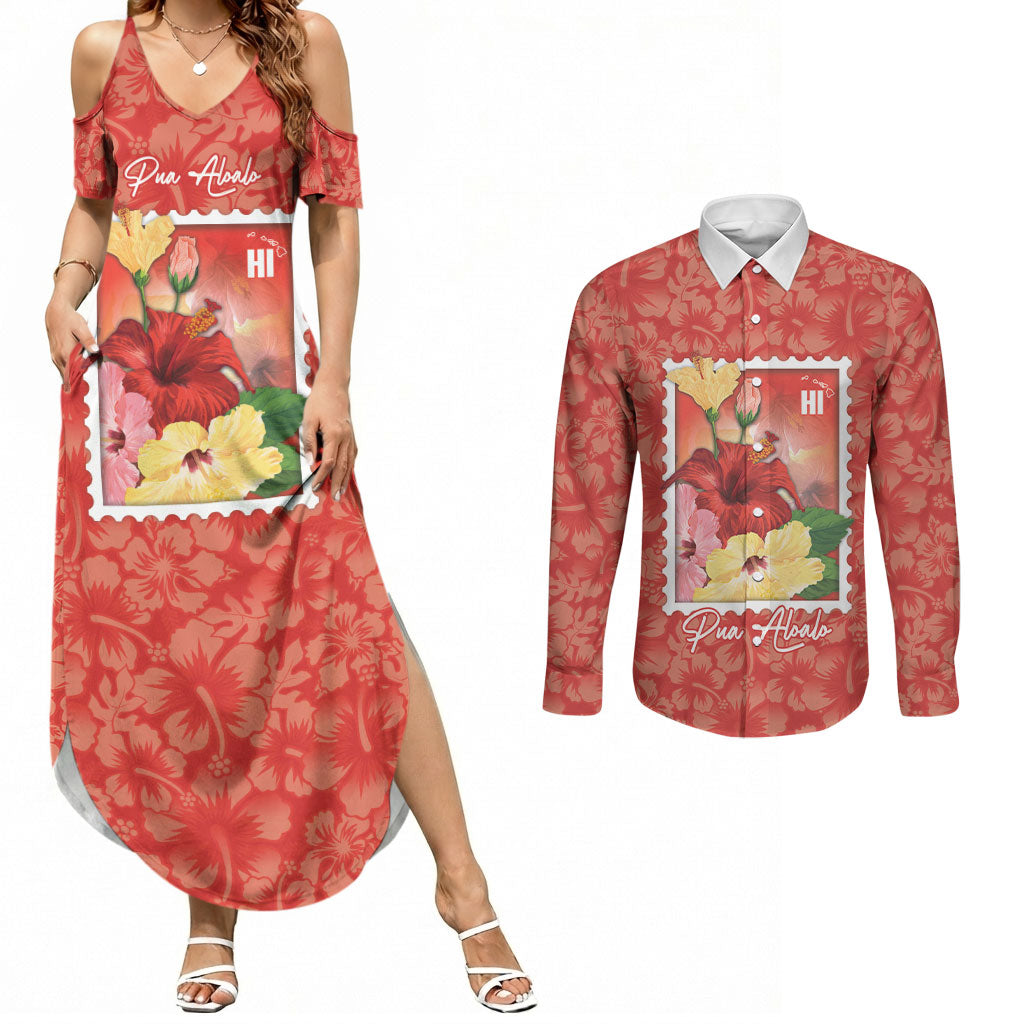 Aloha Hawaii Pua Aloalo Couples Matching Summer Maxi Dress and Long Sleeve Button Shirt Hawaiian Hibiscus Flowers Stylized Stamp LT14 Red - Polynesian Pride
