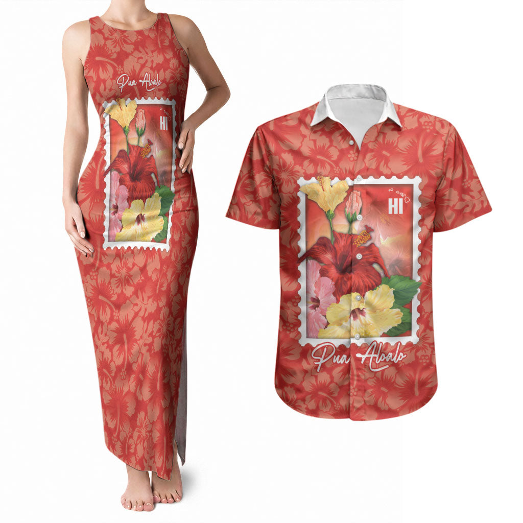 Aloha Hawaii Pua Aloalo Couples Matching Tank Maxi Dress and Hawaiian Shirt Hawaiian Hibiscus Flowers Stylized Stamp LT14 Red - Polynesian Pride