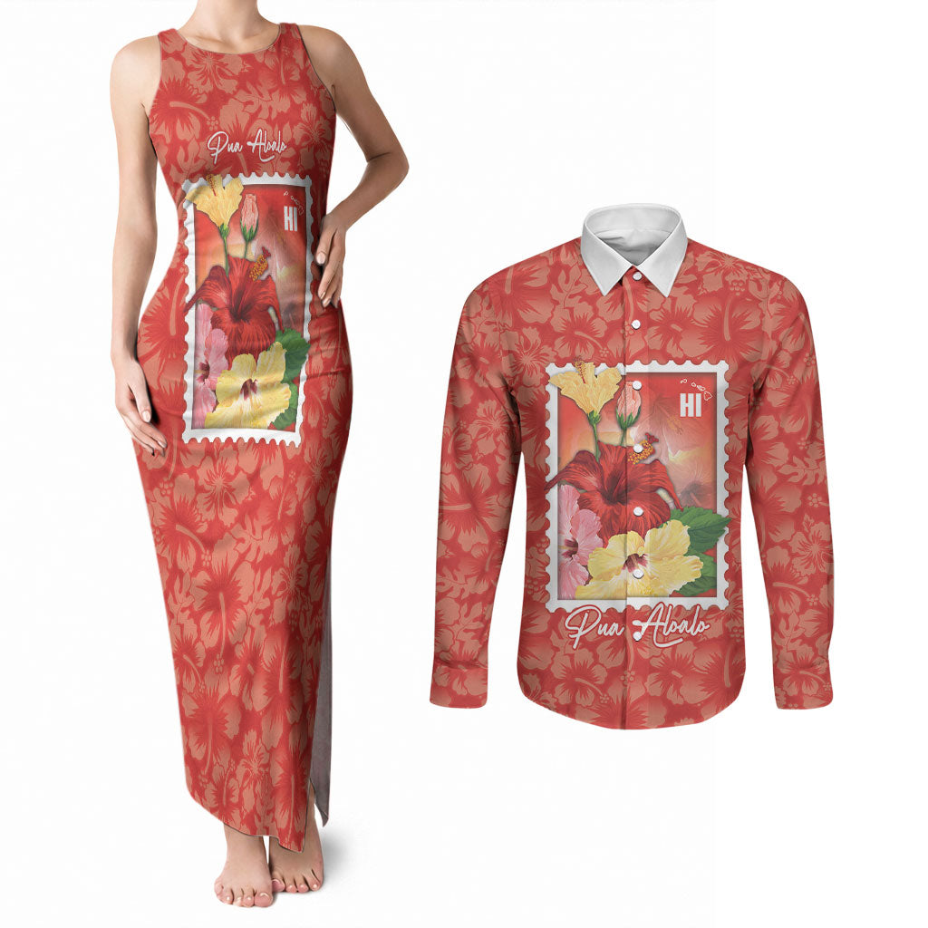 Aloha Hawaii Pua Aloalo Couples Matching Tank Maxi Dress and Long Sleeve Button Shirt Hawaiian Hibiscus Flowers Stylized Stamp