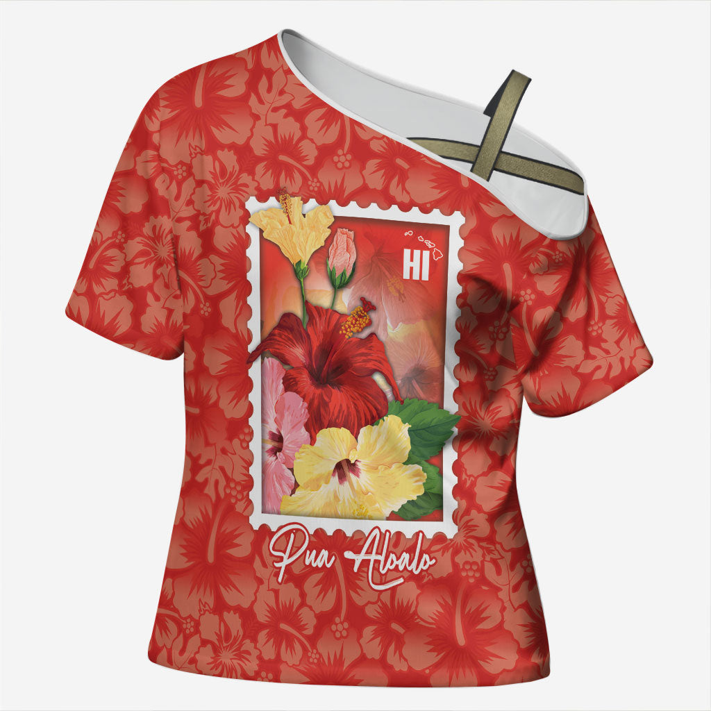 Aloha Hawaii Pua Aloalo Cross Shoulder Shirt Hawaiian Hibiscus Flowers Stylized Stamp LT14 Female Red - Polynesian Pride
