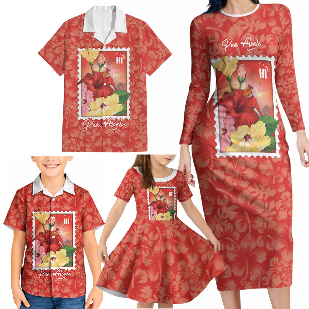 Aloha Hawaii Pua Aloalo Family Matching Long Sleeve Bodycon Dress and Hawaiian Shirt Hawaiian Hibiscus Flowers Stylized Stamp LT14 - Polynesian Pride