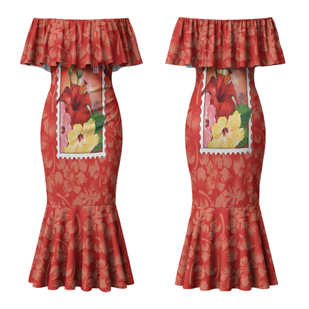 Aloha Hawaii Pua Aloalo Family Matching Mermaid Dress and Hawaiian Shirt Hawaiian Hibiscus Flowers Stylized Stamp LT14 Mom's Dress Red - Polynesian Pride