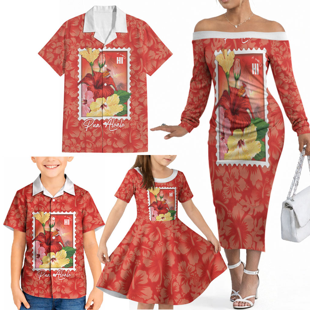 Aloha Hawaii Pua Aloalo Family Matching Off The Shoulder Long Sleeve Dress and Hawaiian Shirt Hawaiian Hibiscus Flowers Stylized Stamp LT14 - Polynesian Pride