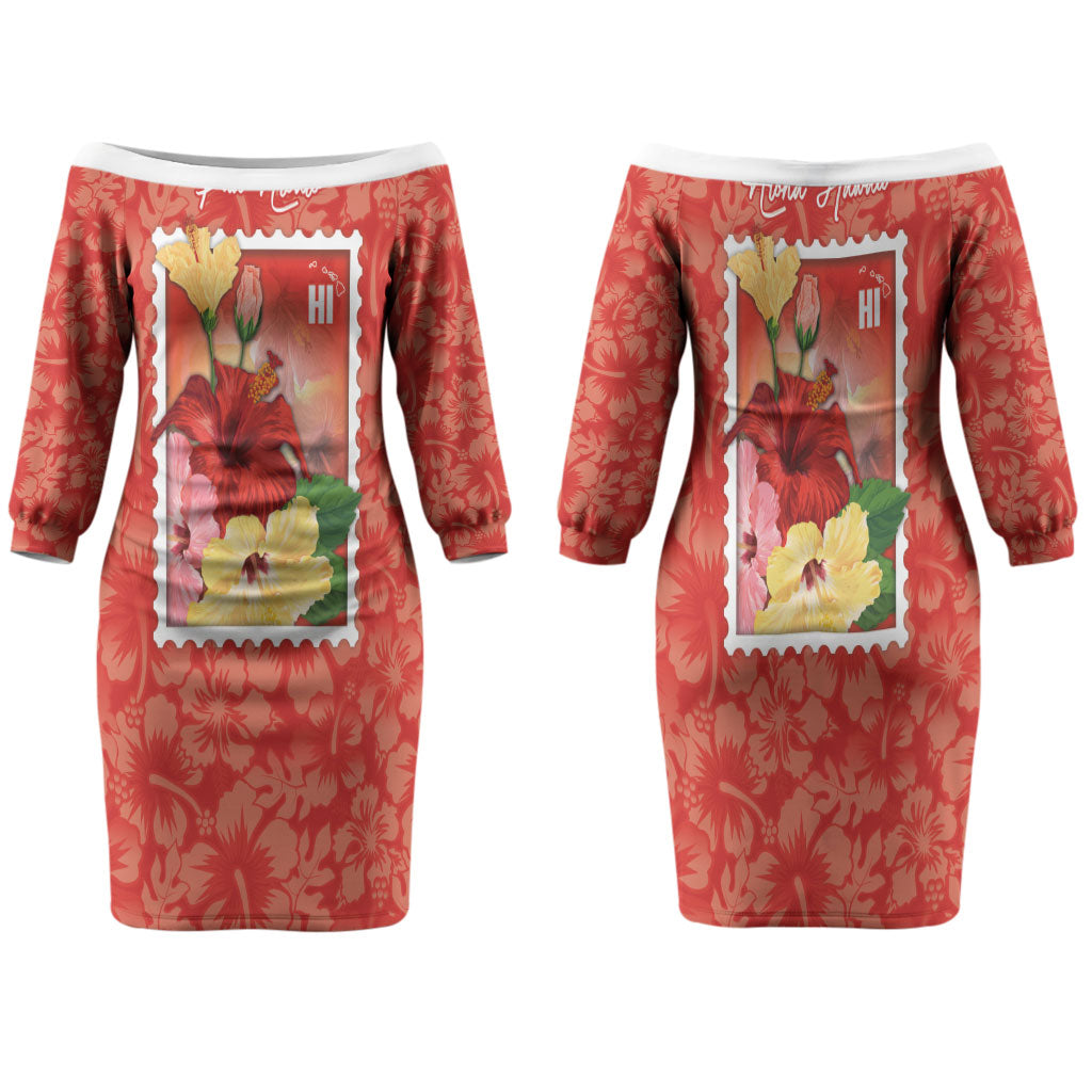 Aloha Hawaii Pua Aloalo Family Matching Off The Shoulder Long Sleeve Dress and Hawaiian Shirt Hawaiian Hibiscus Flowers Stylized Stamp LT14 Mom's Dress Red - Polynesian Pride