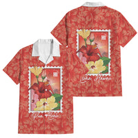 Aloha Hawaii Pua Aloalo Family Matching Off The Shoulder Long Sleeve Dress and Hawaiian Shirt Hawaiian Hibiscus Flowers Stylized Stamp LT14 Dad's Shirt - Short Sleeve Red - Polynesian Pride