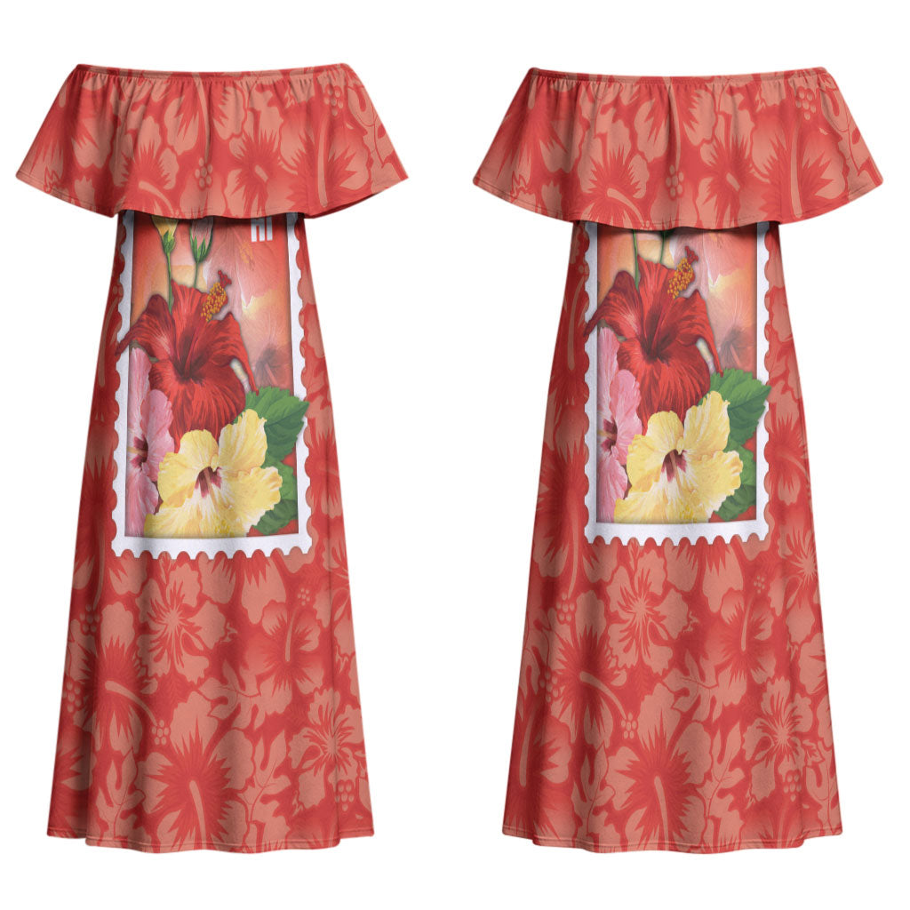 Aloha Hawaii Pua Aloalo Family Matching Off Shoulder Maxi Dress and Hawaiian Shirt Hawaiian Hibiscus Flowers Stylized Stamp LT14 Mom's Dress Red - Polynesian Pride