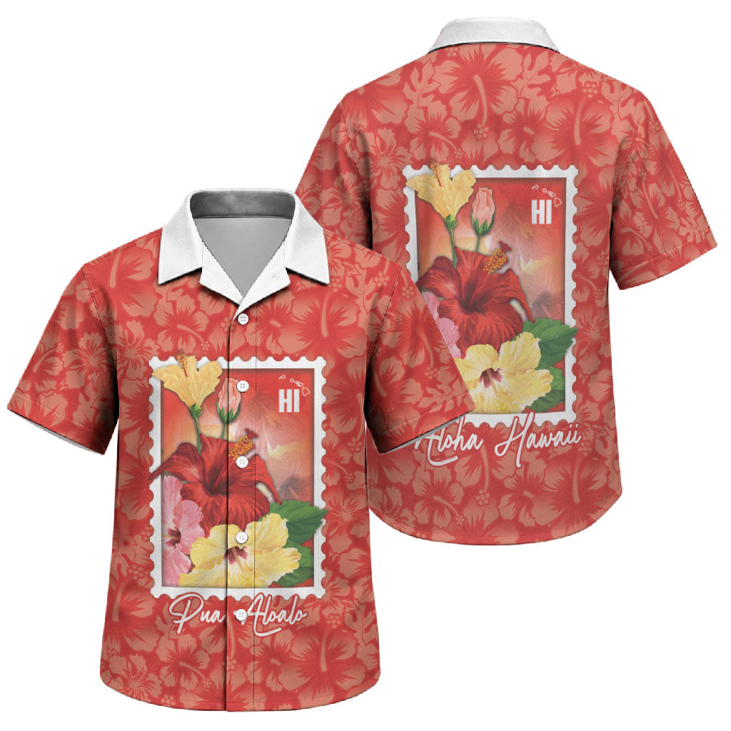 Aloha Hawaii Pua Aloalo Family Matching Off Shoulder Maxi Dress and Hawaiian Shirt Hawaiian Hibiscus Flowers Stylized Stamp LT14 Son's Shirt Red - Polynesian Pride