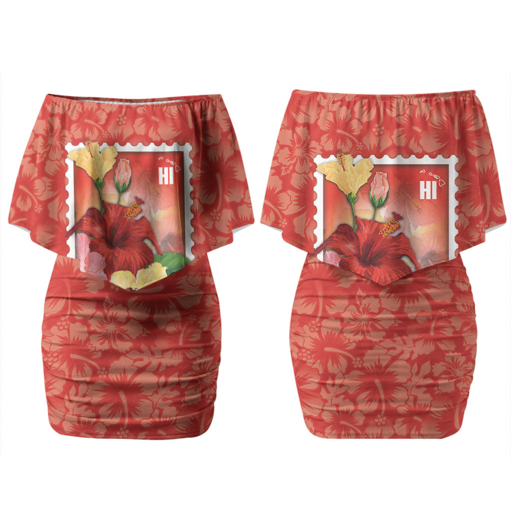 Aloha Hawaii Pua Aloalo Family Matching Off Shoulder Short Dress and Hawaiian Shirt Hawaiian Hibiscus Flowers Stylized Stamp LT14 Mom's Dress Red - Polynesian Pride