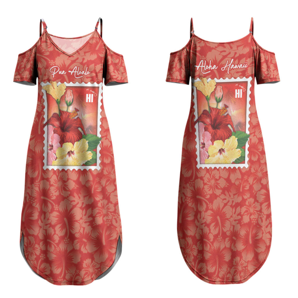 Aloha Hawaii Pua Aloalo Family Matching Summer Maxi Dress and Hawaiian Shirt Hawaiian Hibiscus Flowers Stylized Stamp LT14 Mom's Dress Red - Polynesian Pride