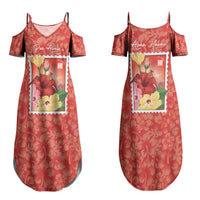 Aloha Hawaii Pua Aloalo Family Matching Summer Maxi Dress and Hawaiian Shirt Hawaiian Hibiscus Flowers Stylized Stamp LT14 Mom's Dress Red - Polynesian Pride