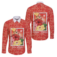 Aloha Hawaii Pua Aloalo Family Matching Summer Maxi Dress and Hawaiian Shirt Hawaiian Hibiscus Flowers Stylized Stamp LT14 Dad's Shirt - Long Sleeve Red - Polynesian Pride