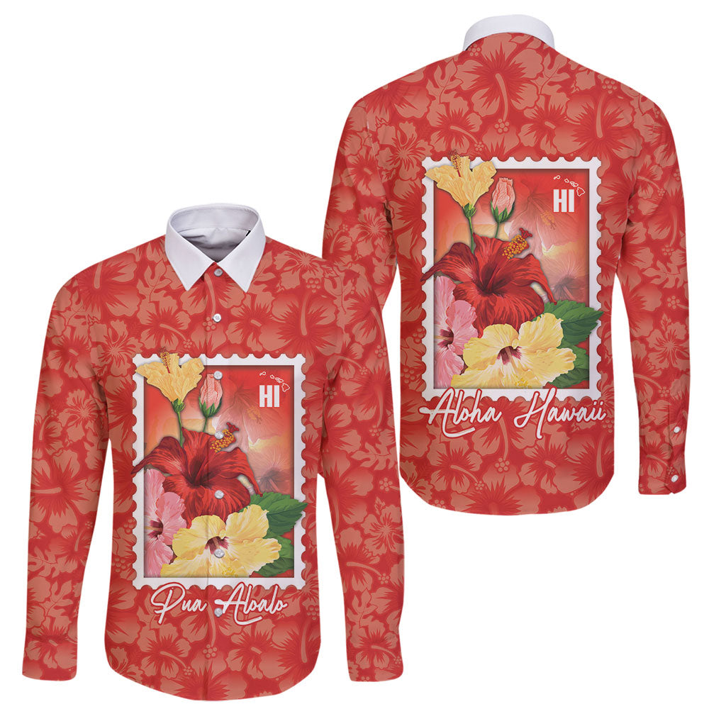 Aloha Hawaii Pua Aloalo Family Matching Tank Maxi Dress and Hawaiian Shirt Hawaiian Hibiscus Flowers Stylized Stamp LT14 Dad's Shirt - Long Sleeve Red - Polynesian Pride