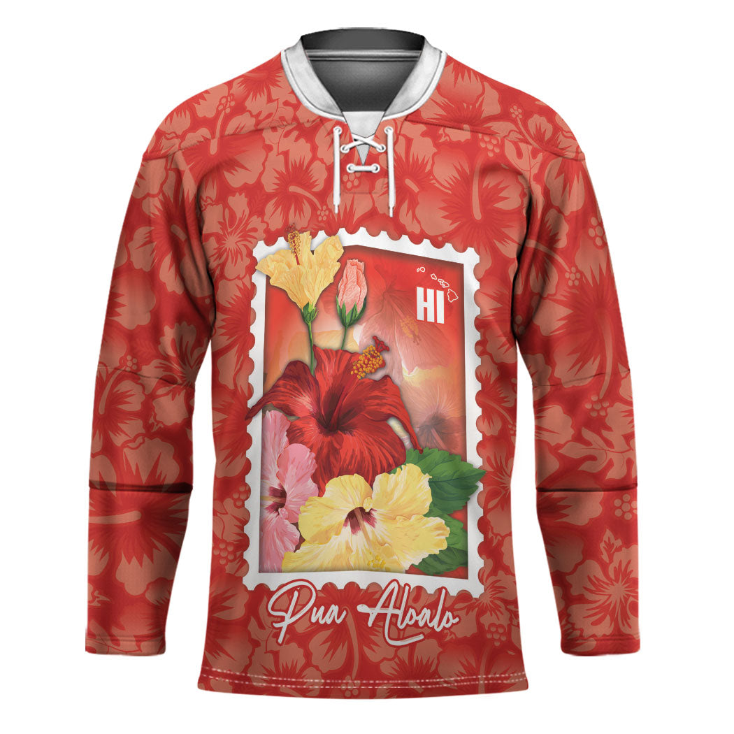 Aloha Hawaii Pua Aloalo Hockey Jersey Hawaiian Hibiscus Flowers Stylized Stamp LT14 Unisex Red - Polynesian Pride