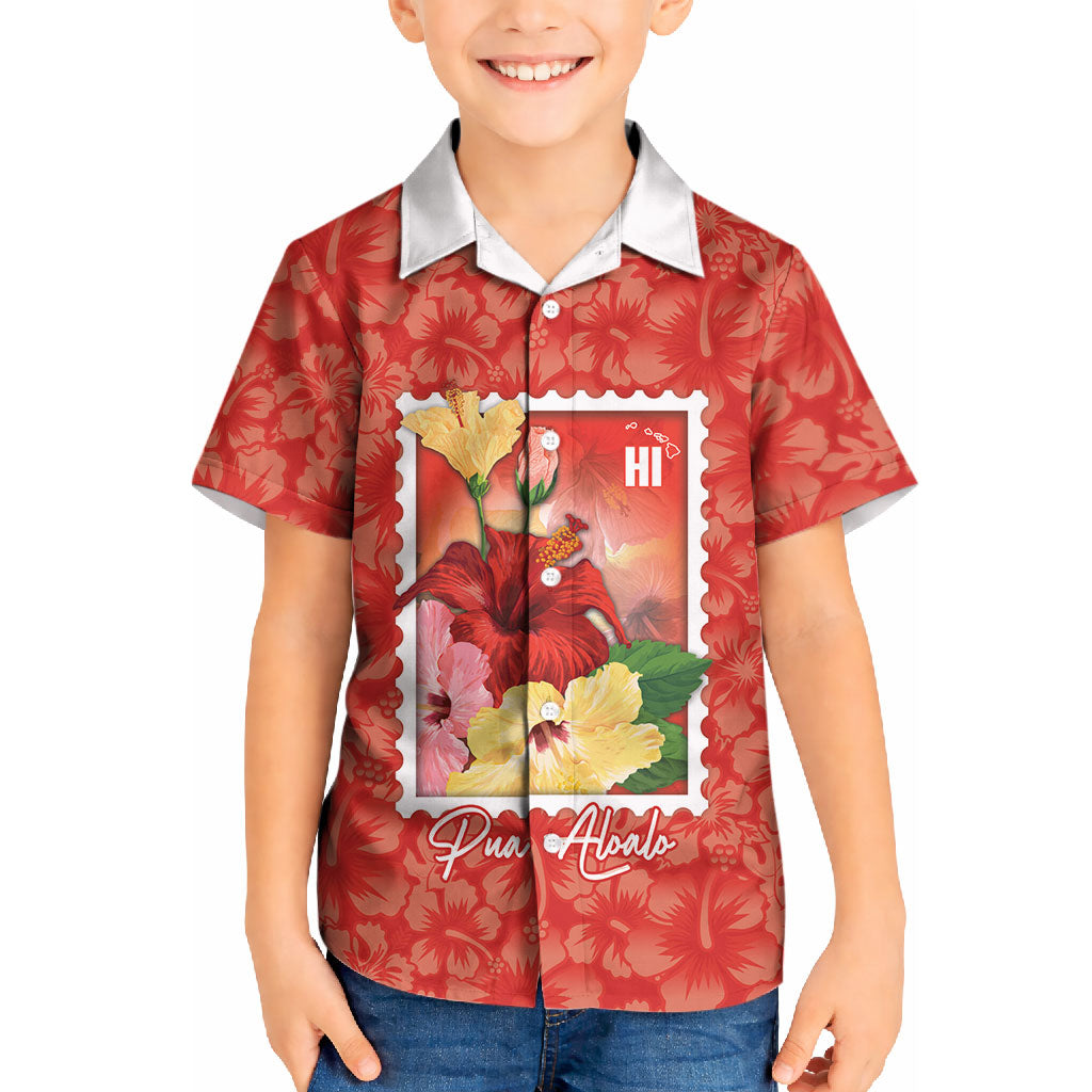 Aloha Hawaii Pua Aloalo Kid Hawaiian Shirt Hawaiian Hibiscus Flowers Stylized Stamp LT14 Kid Red - Polynesian Pride