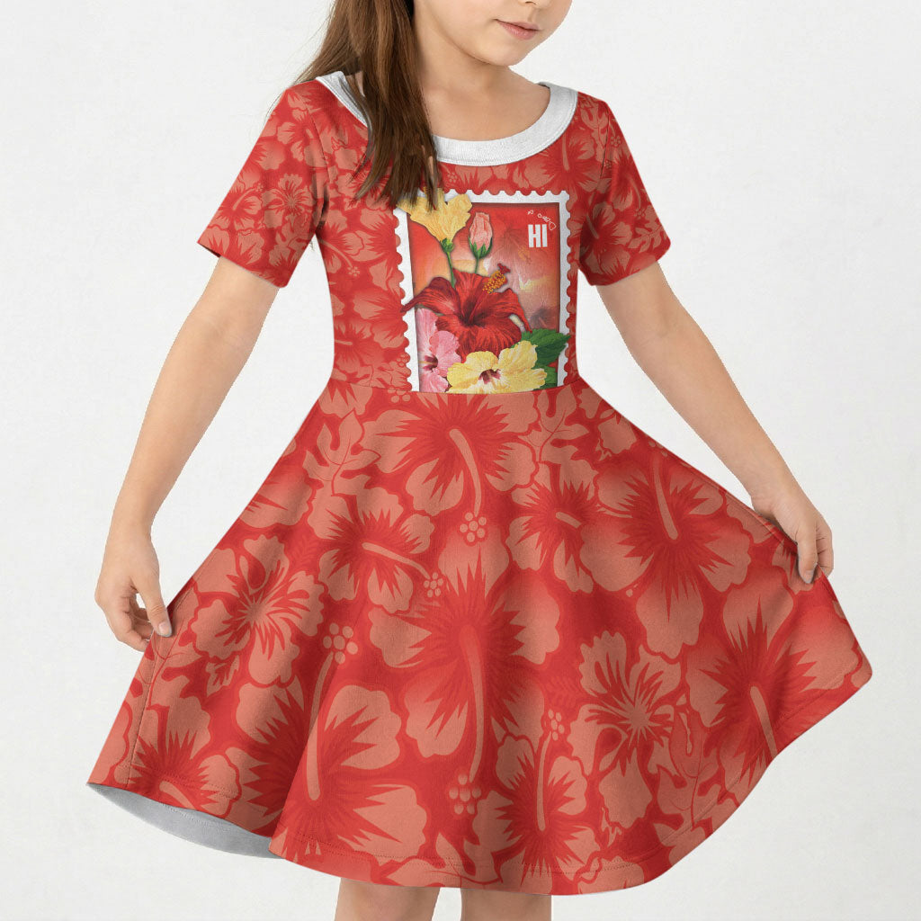 Aloha Hawaii Pua Aloalo Kid Short Sleeve Dress Hawaiian Hibiscus Flowers Stylized Stamp
