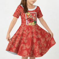 Aloha Hawaii Pua Aloalo Kid Short Sleeve Dress Hawaiian Hibiscus Flowers Stylized Stamp LT14 KID Red - Polynesian Pride