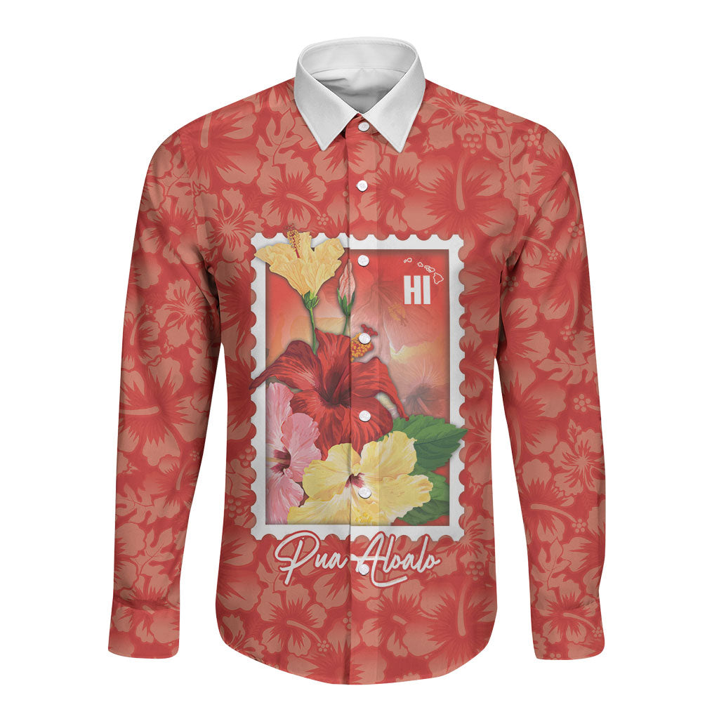 Aloha Hawaii Pua Aloalo Long Sleeve Button Shirt Hawaiian Hibiscus Flowers Stylized Stamp LT14 Unisex Red - Polynesian Pride