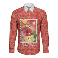 Aloha Hawaii Pua Aloalo Long Sleeve Button Shirt Hawaiian Hibiscus Flowers Stylized Stamp LT14 Unisex Red - Polynesian Pride
