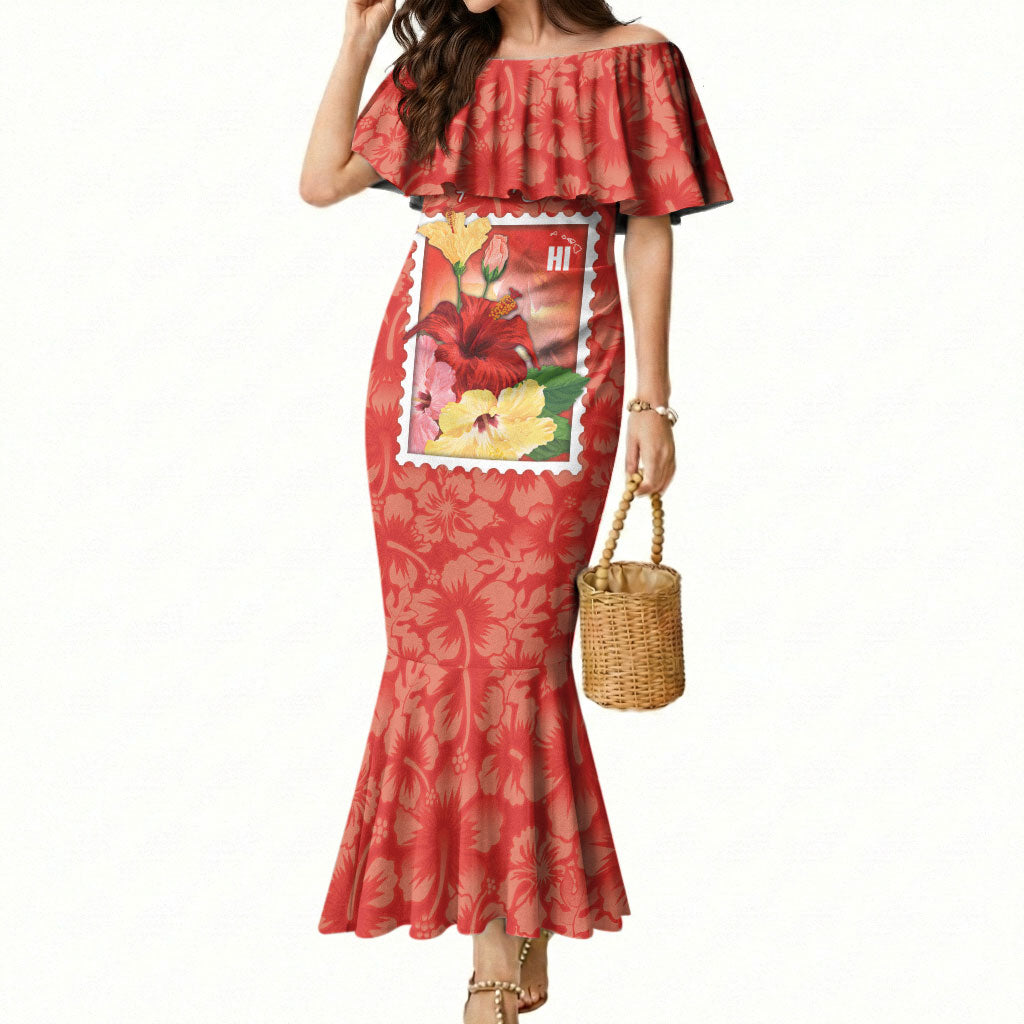 Aloha Hawaii Pua Aloalo Mermaid Dress Hawaiian Hibiscus Flowers Stylized Stamp LT14 Women Red - Polynesian Pride