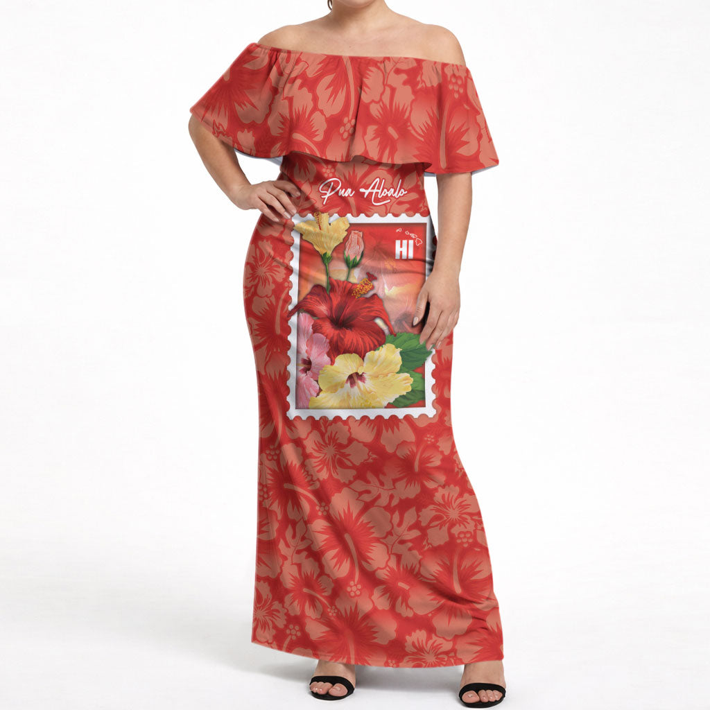 Aloha Hawaii Pua Aloalo Off Shoulder Maxi Dress Hawaiian Hibiscus Flowers Stylized Stamp LT14 Women Red - Polynesian Pride