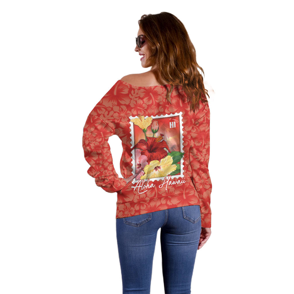 Aloha Hawaii Pua Aloalo Off Shoulder Sweater Hawaiian Hibiscus Flowers Stylized Stamp LT14 - Polynesian Pride