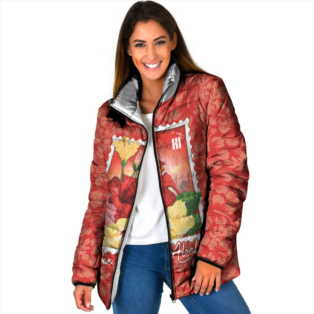 Aloha Hawaii Pua Aloalo Padded Jacket Hawaiian Hibiscus Flowers Stylized Stamp LT14 Women Red - Polynesian Pride