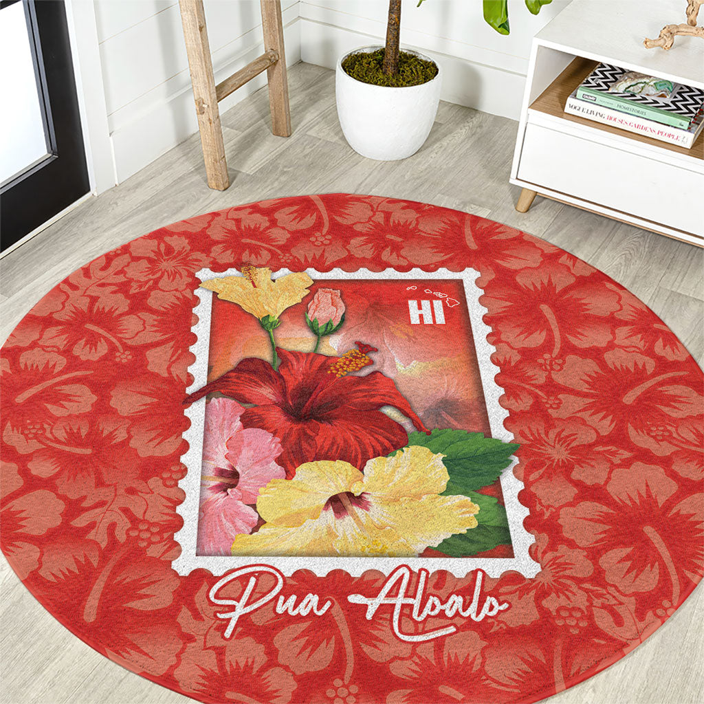 Aloha Hawaii Pua Aloalo Round Carpet Hawaiian Hibiscus Flowers Stylized Stamp LT14 Red - Polynesian Pride