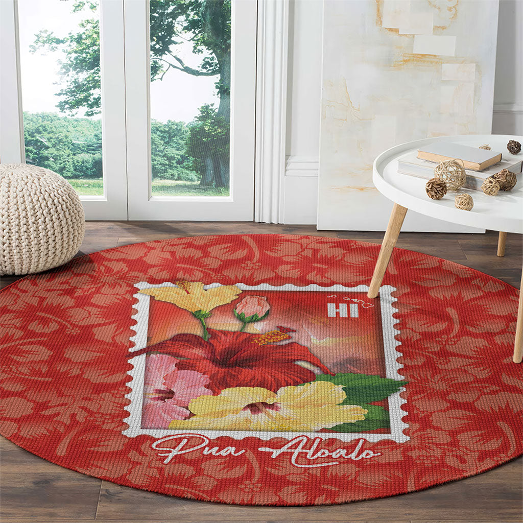 Aloha Hawaii Pua Aloalo Round Carpet Hawaiian Hibiscus Flowers Stylized Stamp LT14 - Polynesian Pride