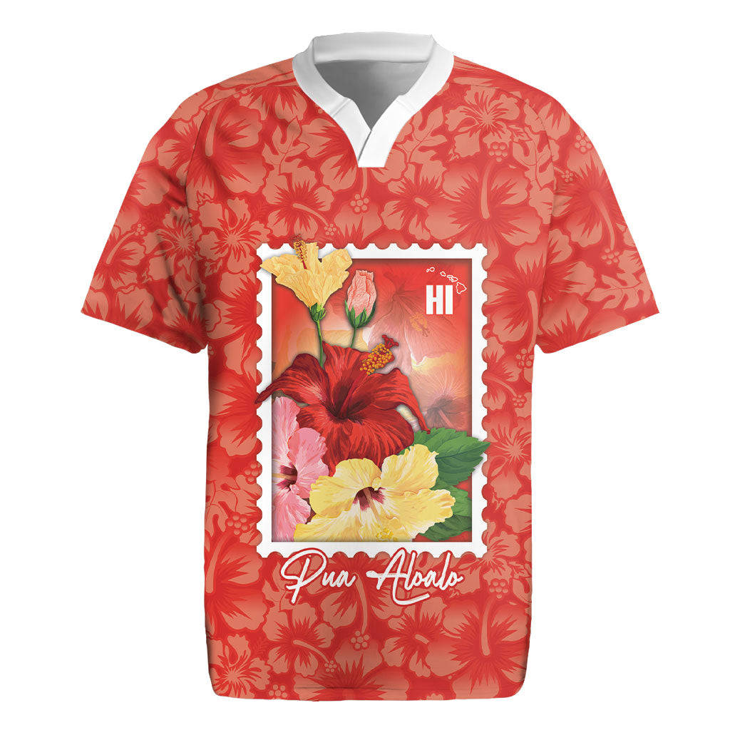 Aloha Hawaii Pua Aloalo Rugby Jersey Hawaiian Hibiscus Flowers Stylized Stamp LT14 Red - Polynesian Pride