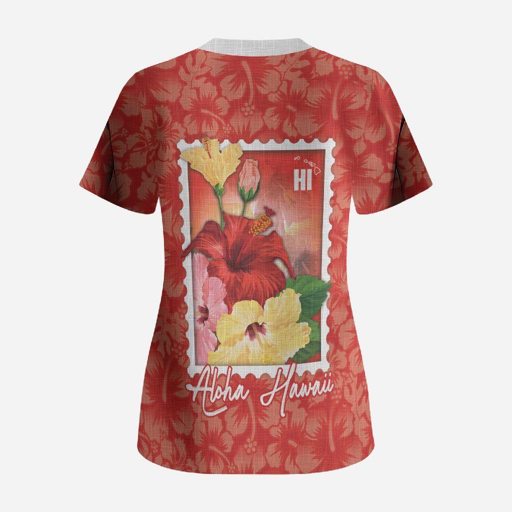 Aloha Hawaii Pua Aloalo Scrub Top Hawaiian Hibiscus Flowers Stylized Stamp LT14 - Polynesian Pride