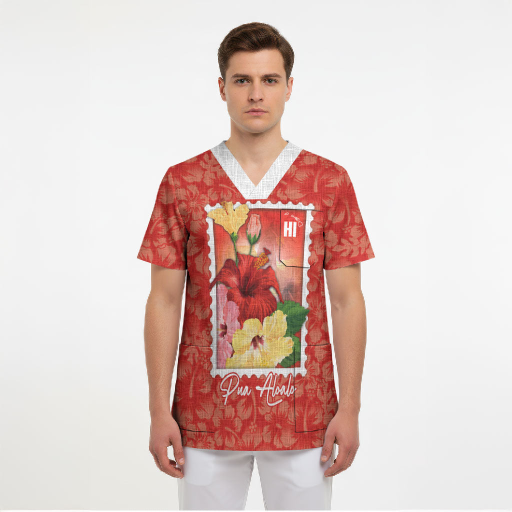 Aloha Hawaii Pua Aloalo Scrub Top Hawaiian Hibiscus Flowers Stylized Stamp LT14 - Polynesian Pride