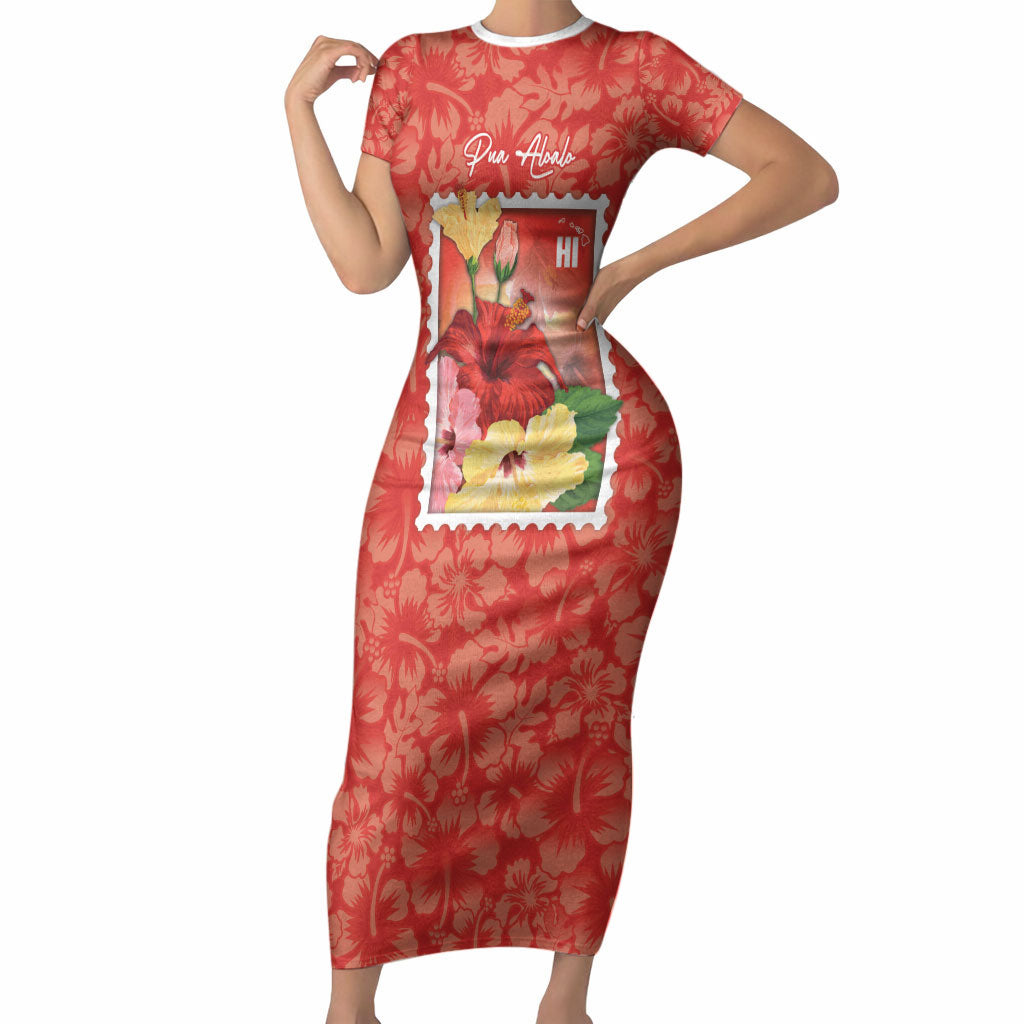 Aloha Hawaii Pua Aloalo Short Sleeve Bodycon Dress Hawaiian Hibiscus Flowers Stylized Stamp