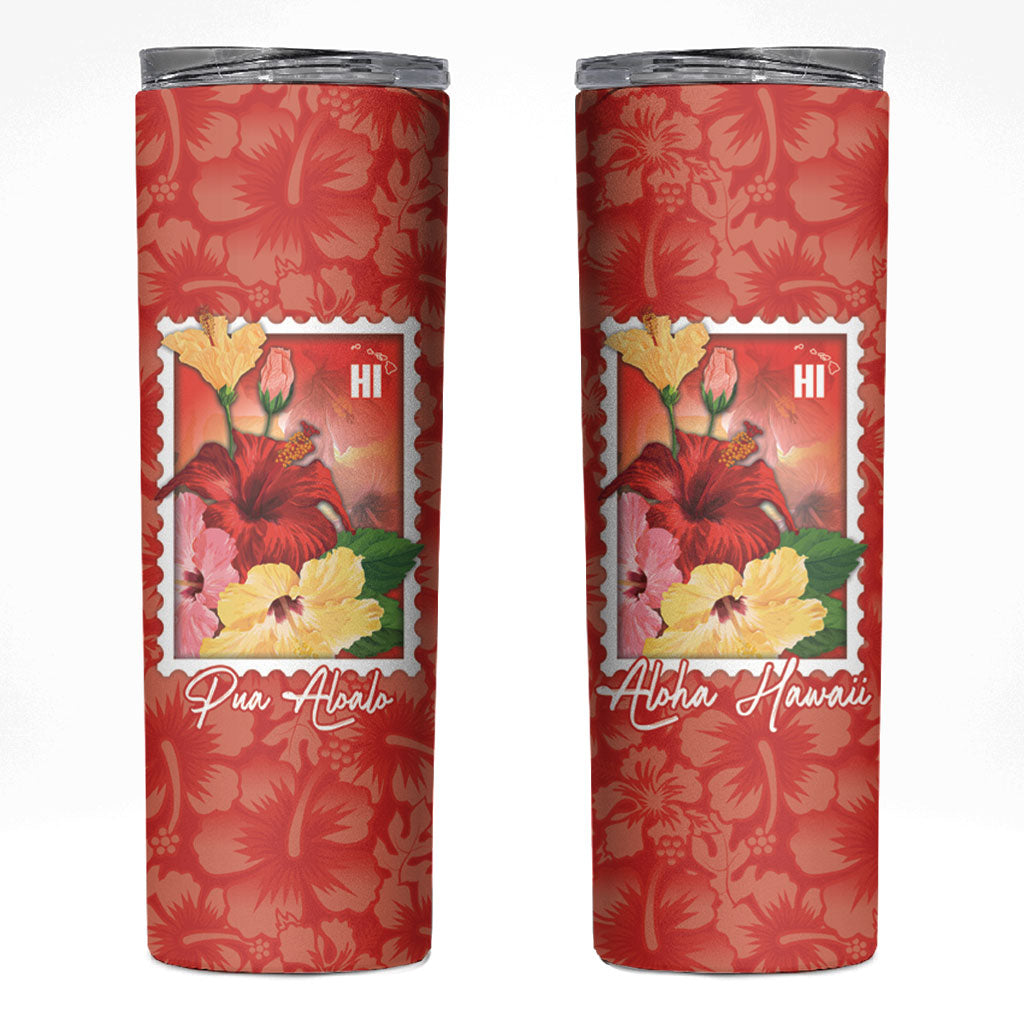 Aloha Hawaii Pua Aloalo Skinny Tumbler Hawaiian Hibiscus Flowers Stylized Stamp LT14 Red - Polynesian Pride