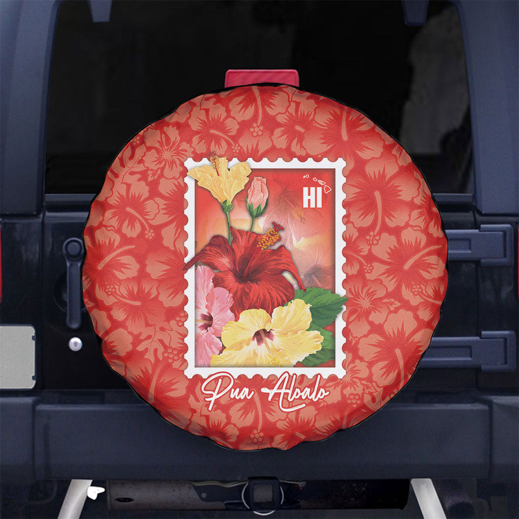 Aloha Hawaii Pua Aloalo Spare Tire Cover Hawaiian Hibiscus Flowers Stylized Stamp LT14 No hole Red - Polynesian Pride