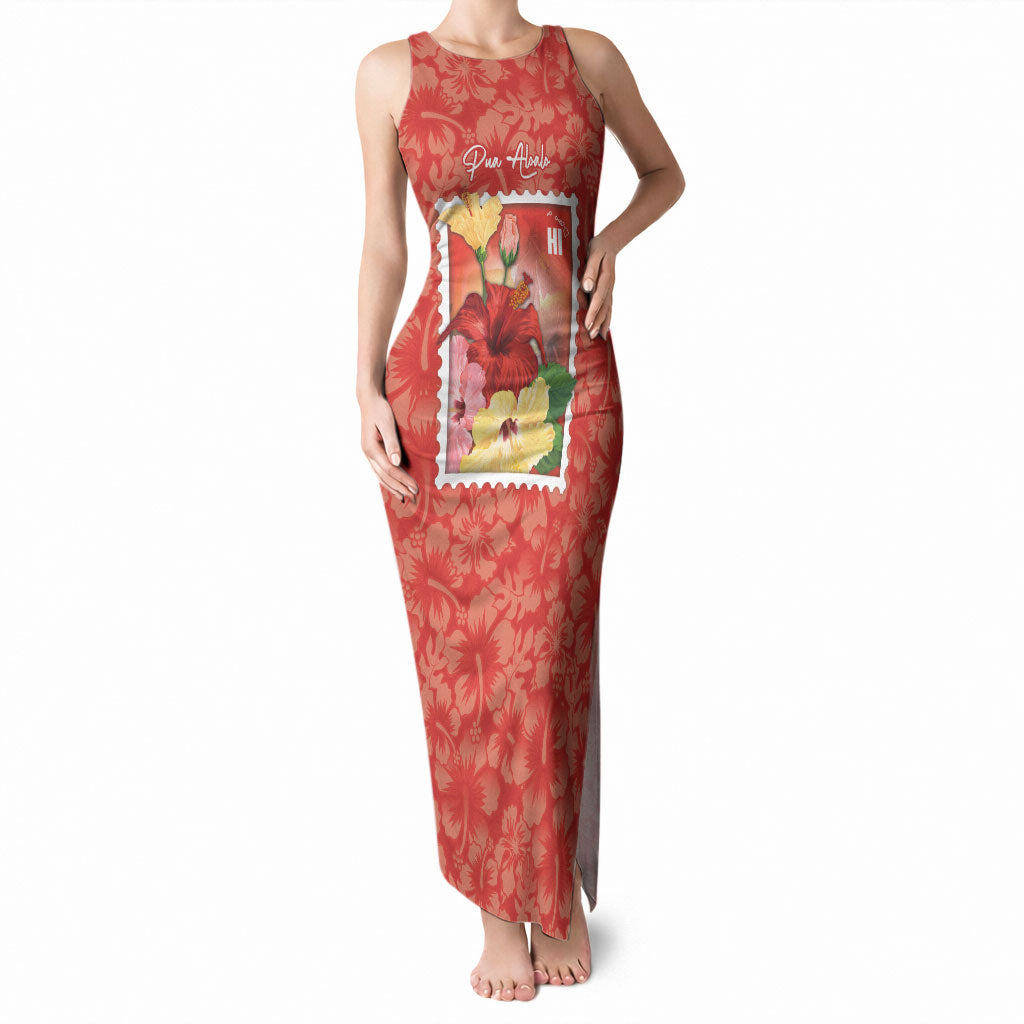 Aloha Hawaii Pua Aloalo Tank Maxi Dress Hawaiian Hibiscus Flowers Stylized Stamp