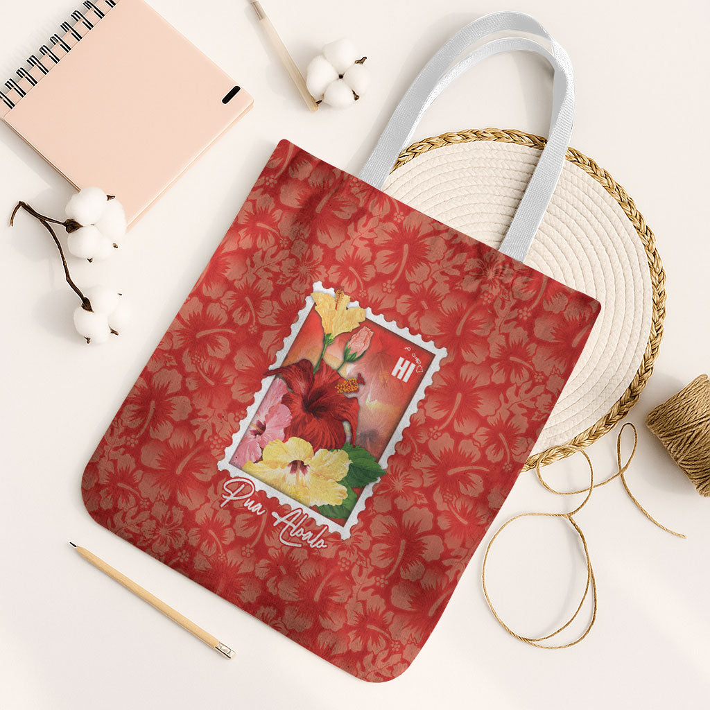 Aloha Hawaii Pua Aloalo Tote Bag Hawaiian Hibiscus Flowers Stylized Stamp LT14 White Strap One Size Red - Polynesian Pride