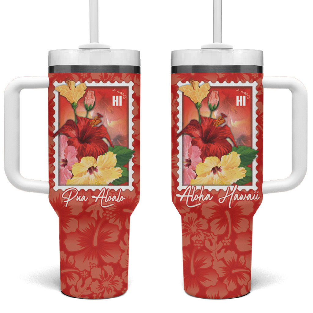 Aloha Hawaii Pua Aloalo Tumbler With Handle Hawaiian Hibiscus Flowers Stylized Stamp LT14 One Size: 40 oz Red - Polynesian Pride