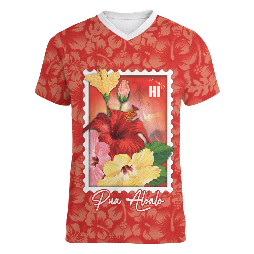 Aloha Hawaii Pua Aloalo Women V-Neck T-Shirt Hawaiian Hibiscus Flowers Stylized Stamp