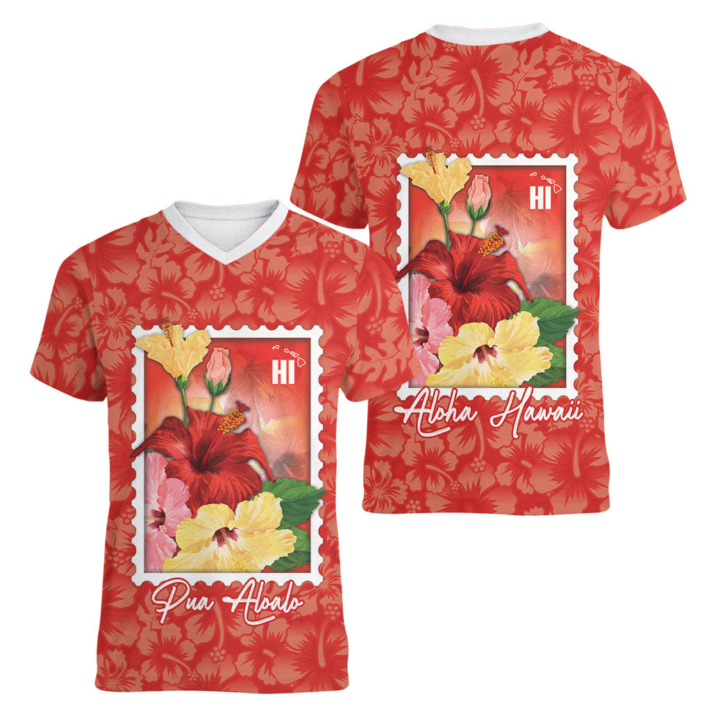 Aloha Hawaii Pua Aloalo Women V-Neck T-Shirt Hawaiian Hibiscus Flowers Stylized Stamp LT14 - Polynesian Pride