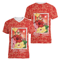 Aloha Hawaii Pua Aloalo Women V-Neck T-Shirt Hawaiian Hibiscus Flowers Stylized Stamp LT14 - Polynesian Pride