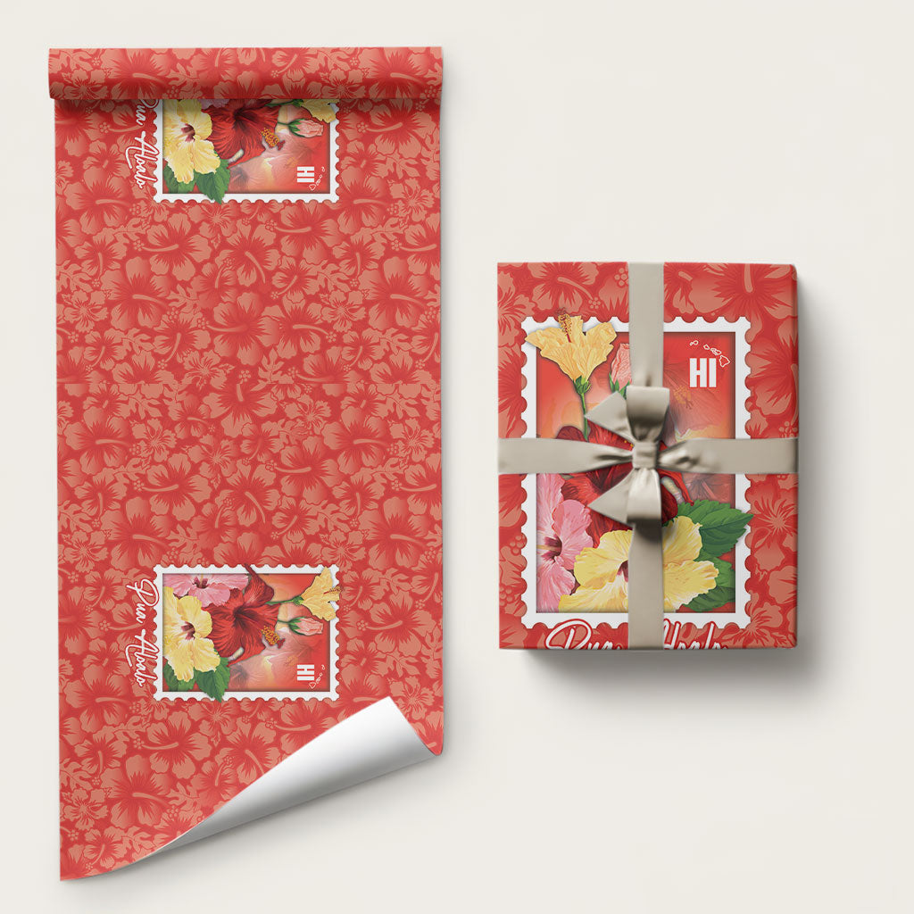 Aloha Hawaii Pua Aloalo Wrapping Paper Hawaiian Hibiscus Flowers Stylized Stamp LT14 58" × 23" Red - Polynesian Pride